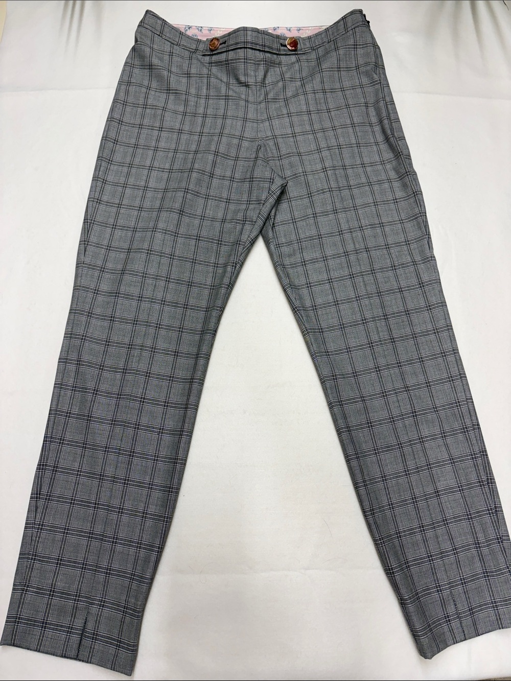 Ted Baker London Grey Plaid Tailored Trousers side zip front slit Sz 3